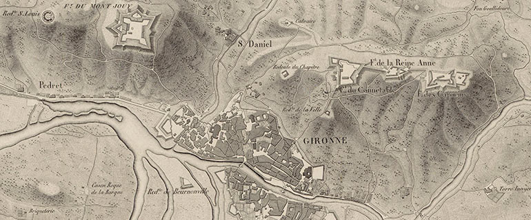 Plano de Girona i su entorno. 1820-1829. Bibliothèque nationale de France (Louis Armand Paulmier). [ El plànol està orientat cap a l'est.