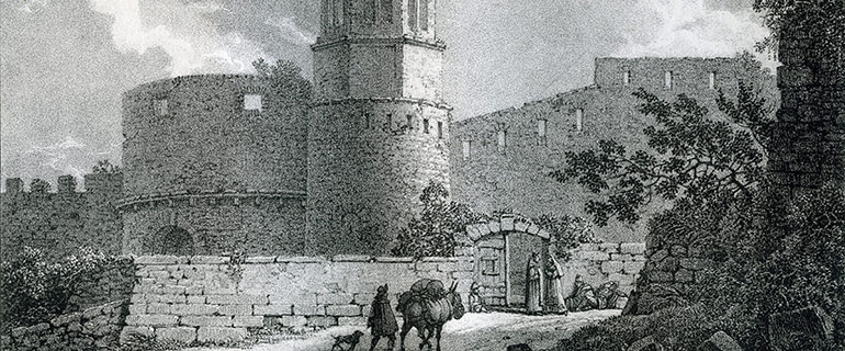 Plaça de Sant Pere, monestir i muralles, 1824. Ajuntament de Girona. CRDI (Guislain)